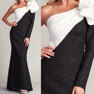 NWT Tadashi Shoji One shoulder Rose Jacquard Gown Dress Ivory Black Size 8